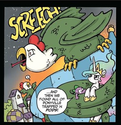 Size: 324x336 | Tagged: safe, artist:katie cook, idw, official comic, princess celestia, spike, alicorn, cockatrice, dragon, pony, g4, crown, dialogue, female, hoof shoes, horn, jewelry, lowres, mare, regalia, speech bubble