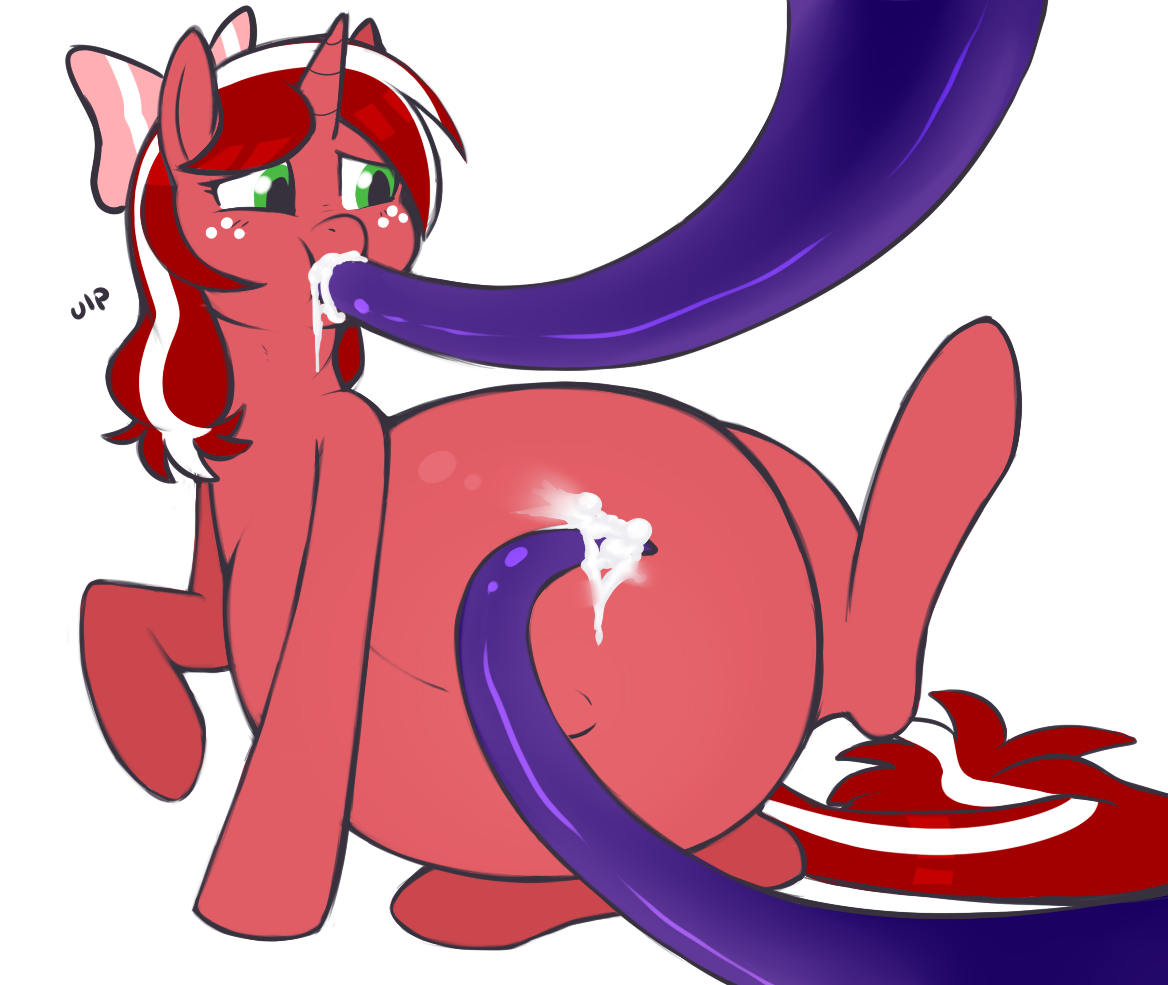 264269 - explicit, artist:redintravenous, oc, oc only, oc:red ribbon, pony,  cum, cum belly, cum inflation, female, impossibly large belly, inflation,  pregnant, pregnant expansion, simple background, solo, solo female,  tentacle blowjob, tentacle porn,