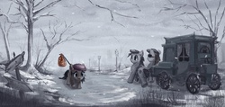 Size: 1920x917 | Tagged: safe, artist:paladin, oc, oc only, bindle, carriage, crying, sad, scenery, snow, snowfall, winter