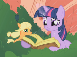 Size: 1221x901 | Tagged: safe, screencap, applejack, twilight sparkle, earth pony, pony, unicorn, g4, look before you sleep, book, cropped, duo, female, glowing horn, golden oaks library, hatless, horn, mare, missing accessory, rain, scrunchy face, slumber 101, tree, unicorn twilight
