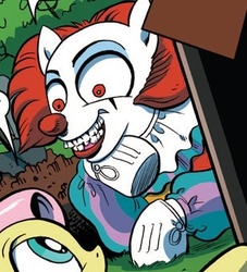 Size: 320x352 | Tagged: safe, artist:andypriceart, idw, fluttershy, earth pony, pegasus, pony, g4, the return of queen chrysalis, clown, cropped, grin, it, nightmare fuel, pennywise, ponywise, smiling, wide eyes
