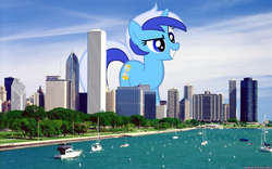 Size: 1120x701 | Tagged: safe, minuette, pony, unicorn, g4, chicago, female, giant pony, giantess, highrise ponies, macro, mega/giant minuette, ponies in real life