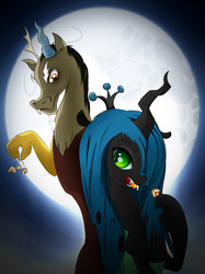 Size: 700x937 | Tagged: safe, artist:oksidzhen, discord, queen chrysalis, changeling, changeling queen, draconequus, g4, fangs, female, moon