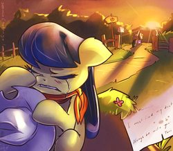 Size: 1200x1047 | Tagged: safe, artist:atryl, fiddlesticks, octavia melody, g4, 30 minute art challenge, apple family member, crying, sad, sunset