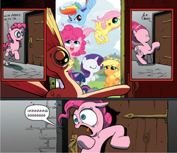 Size: 946x822 | Tagged: safe, applejack, fluttershy, pinkie pie, rainbow dash, rarity, g4, cute, exploitable meme, filly, heart attack, hnnng, meme, surprise door