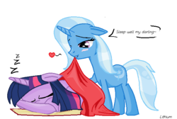 Size: 636x427 | Tagged: safe, artist:notesandwaves, trixie, twilight sparkle, g4, blushing, female, heart, lesbian, ship:twixie, shipping, sleeping, zzz