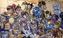 Size: 800x481 | Tagged: safe, artist:saturnspace, doctor whooves, time turner, ask discorded whooves, clockwise whooves, doctor whooves and assistant, g4, bowtie, butt, discord whooves, doctor who, doctor whooves adventures, eleventh doctor, everydoctor, everypony, fez, fifth doctor, first doctor, group shot, hat, monocle, multiverse, ninth doctor, panama hat, peacoat, plot, rule 63, self ponidox, tenth doctor, the doctor, the doctoress