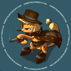 Size: 600x600 | Tagged: safe, artist:samszym, applejack, earth pony, pony, g4, bipedal, boots, cape, cigar, clothes, cowgirl, female, gun, hat, mare, pistol, revolver, smoke, smoking, wild west