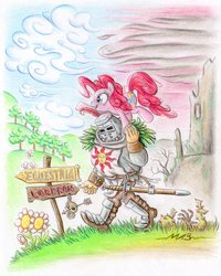 Size: 1500x1872 | Tagged: safe, artist:deathcutlet, pinkie pie, human, g4, crossover, dark souls, fantasy class, jolly cooperation, knight, lordran, ponies riding humans, riding, solaire of astora, traditional art, warrior