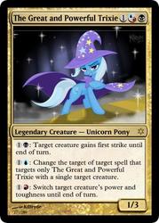Size: 375x523 | Tagged: safe, artist:killryde, artist:manasparks, trixie, pony, unicorn, g4, bedroom eyes, cape, card, clothes, hat, magic the gathering, trixie's cape, trixie's hat