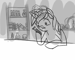 Size: 250x200 | Tagged: safe, artist:earthgirldonna, lyra heartstrings, g4, animated, book, faint, pencil test, pony to human, test tube, transformation, wip