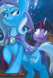Size: 560x821 | Tagged: safe, artist:kenket, artist:spainfischer, trixie, twilight sparkle, pony, g4, painting, smug, traditional art