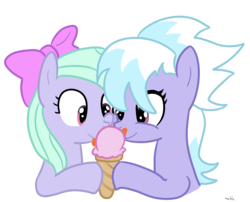 Size: 1126x909 | Tagged: safe, artist:elslowmo, cloudchaser, flitter, pony, g4, duo, duo female, female, ice cream, licking, mare, simple background, transparent background
