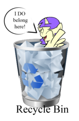 Size: 530x809 | Tagged: safe, artist:marcusmaximus, alula, pluto, princess erroria, alicorn, pony, g4, 4chan, ^^, cute, eyes closed, female, filly, foal, open mouth, recycle bin, simple background, transparent background