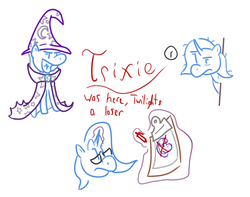 Size: 500x394 | Tagged: safe, artist:machinationsofanenigma, trixie, g4, cape, clothes, drawing, hat, lineart, simple background, text, trixie's brooch, trixie's cape, trixie's hat, white background