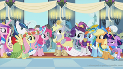 Size: 1280x715 | Tagged: safe, artist:i-shooped-a-pwny, edit, edited screencap, editor:i-shooped-a-pwny, screencap, applejack, bon bon, caramel, derpy hooves, doctor whooves, fluttershy, masquerade, pinkie pie, princess cadance, rainbow dash, rarity, shining armor, spring melody, sprinkle medley, sweetie drops, time turner, twilight sparkle, alicorn, pony, g4, magical mystery cure, alternate universe, candle, canterlot, character swap, clothes, derpicorn, dress, fake screencap, floral head wreath, flower, hat, mane six, muffin queen, palindrome get, paper bag, paper bag princess, race swap, this will end in tears