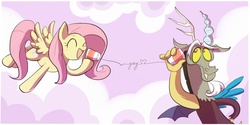 Size: 1200x600 | Tagged: safe, artist:keterok, discord, fluttershy, g4, cute, discute, yay