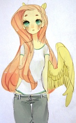 Size: 497x796 | Tagged: safe, artist:costly, fluttershy, human, g4, eared humanization, female, humanized, solo, traditional art, winged humanization