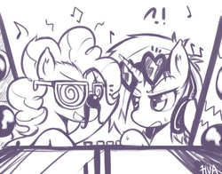 Size: 700x550 | Tagged: safe, artist:hua, dj pon-3, pinkie pie, vinyl scratch, g4, glasses, groucho mask, monochrome