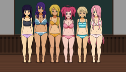 Size: 1101x631 | Tagged: safe, applejack, fluttershy, pinkie pie, rainbow dash, rarity, twilight sparkle, human, g4, belly button, bra, breasts, busty applejack, busty fluttershy, busty pinkie pie, busty rarity, busty twilight sparkle, cleavage, clothes, crop top bra, delicious flat chest, feet, female, frilly underwear, humanized, kisekae, legs, mismatched underwear, natural hair color, panties, polka dot underwear, rainbow flat, rainbow-less dash, striped underwear, underwear