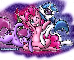 Size: 900x731 | Tagged: safe, artist:anibaruthecat, berry punch, berryshine, dj pon-3, pinkie pie, vinyl scratch, g4, bottle, grin, hug, wink