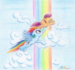 Size: 1519x1414 | Tagged: safe, artist:deathcutlet, rainbow dash, scootaloo, pegasus, pony, g4, sleepless in ponyville, cloud, eyes closed, female, filly, flapping, flapping wings, flying, foal, holding a pony, mare, rainbow waterfall, scootalove, signature, sky, spread wings, traditional art, wings, winsome falls