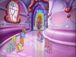 Size: 640x480 | Tagged: safe, screencap, brights brightly, cheerilee (g3), rainbow dash (g3), rarity (g3), whistle wishes, earth pony, pony, unicorn, g3, greetings from unicornia, adorabrights, brightsbutt, butt, castle, corridor, crystal rainbow castle, cute, female, g3 cheeribetes, g3 dashabetes, g3 flowerbutt, g3 rainbutt dash, g3 raribetes, g3 rearity, g3 whistlebetes, group, mare, plot, rainbow door, shiny, unicornia, walking, whistlebutt