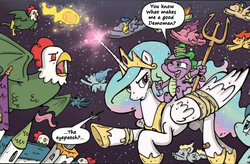 Size: 600x393 | Tagged: safe, edit, idw, princess celestia, spike, alicorn, cockatrice, dragon, pegasus, pony, g4, spoiler:comic, spoiler:comic04, armor, demoman, demoman (tf2), demospike, dragons riding ponies, eyepatch, female, male, mare, riding, spike riding celestia, team fortress 2, trident, warrior, warrior celestia