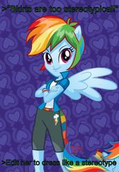 Size: 569x824 | Tagged: safe, edit, rainbow dash, anthro, equestria girls, g4, clothes, greentext, pants, ponied up, text