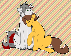 Size: 1249x981 | Tagged: safe, artist:bloodspill, caramel, oc, oc:jade flare, g4, canon x oc, cute, gay, male, neck nuzzle, nuzzling