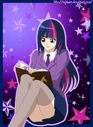 Size: 1100x1500 | Tagged: safe, artist:zantyarz, twilight sparkle, human, g4, book, clothes, female, humanized, solo, stockings