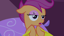 Size: 1280x720 | Tagged: safe, artist:capnpea, edit, edited screencap, screencap, scootaloo, twilight sparkle, g4, sleepless in ponyville, bedroom eyes, eyelid, fimbriae, floppy ears, frown, open mouth, smiling, wat