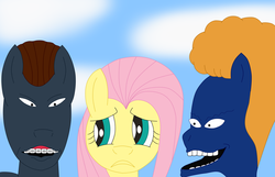Size: 3450x2216 | Tagged: safe, artist:mostwanted06, fluttershy, pegasus, pony, g4, beavis, beavis and butthead, butthead, female, male, mare, ponified, scared, stallion, trio