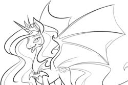 Size: 822x547 | Tagged: source needed, safe, artist:php27, princess celestia, bat pony, pony, vampire, bat wings, bedroom eyes, countess draculestia, fangs, female, irony, lineart, looking at you, monochrome, open mouth, smiling, smirk, solo, spread wings, sunbat, tongue out