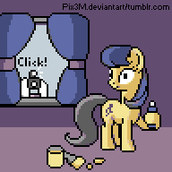 Size: 192x192 | Tagged: safe, artist:pix3m, fiddlesticks, octavia melody, sweetie belle, g4, 30 minute art challenge, apple family member, camera, gif, non-animated gif, paint, paint on fur, pixel art