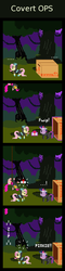Size: 440x1820 | Tagged: safe, artist:zztfox, fluttershy, pinkie pie, twilight sparkle, earth pony, pegasus, pony, unicorn, g4, bunny ears, catsuit, clothes, comic, dangerous mission outfit, female, flutterspy, future twilight, goggles, hoodie, konami, mare, metal gear, pinkie being pinkie, pinkie spy, pixel art, solid sparkle, splinter cell
