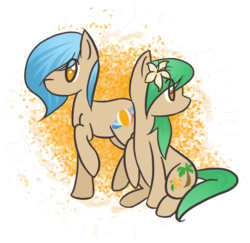 Size: 1644x1600 | Tagged: safe, artist:theblueprintforlife, oc, oc only, oc:palm breeze, oc:summer tan, earth pony, pony, flower, twins