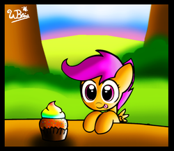 Size: 705x611 | Tagged: safe, artist:neoncabaret, scootaloo, pegasus, pony, g4, cupcake, cute, cutealoo, fan, female, rainbow cupcake, solo, tongue out