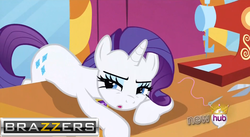 Size: 851x467 | Tagged: safe, edit, edited screencap, screencap, rarity, g4, magical mystery cure, bend over, brazzers, carousel boutique, female, hub logo, logo, mirror, needle, scissors, sewing machine, solo, the hub