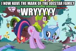 Size: 625x415 | Tagged: safe, trixie, twilight sparkle, g4, cutie mark, dio brando, exploitable meme, image macro, joestar meme, jojo's bizarre adventure, meme, wryyy