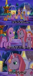 Size: 637x1437 | Tagged: safe, screencap, cheerilee (g3), ice scoop, lily lightly, night shine, rarity (g3), pony, unicorn, a very pony place, come back lily lightly, g3, background pony, lore, subtitles, unicornia
