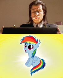 Size: 500x620 | Tagged: safe, rainbow dash, fanfic:my little dashie, g4, crossover, filly, john travolta, parody, pulp fiction, vincent vega, younger