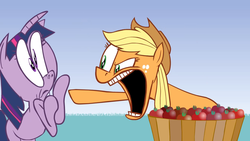 Size: 1280x720 | Tagged: safe, artist:hotdiggedydemon, applejack, twilight sparkle, apple.mov, g4, apple, barrel, fuck you i can eat all these apples, pony.mov