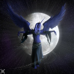 Size: 4252x4252 | Tagged: safe, artist:vashar23, princess luna, human, g4, absurd resolution, clothes, female, horn, horned humanization, humanized, moon, night, skirt, solo, spread wings, winged humanization