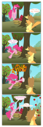 Size: 1824x5279 | Tagged: safe, artist:grievousfan, applejack, pinkie pie, earth pony, pony, g4, apple, applebucking, basket, candy, candy apple, comic, dialogue, duo, duo female, female, food, mare, rearing, sweet apple acres