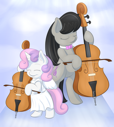 Size: 1150x1280 | Tagged: safe, artist:lamia, octavia melody, sweetie belle, alicorn, angel, pony, g4, alicornified, cello, clothes, costume, fake wings, musical instrument, race swap, sweetiecorn