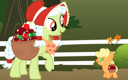 Size: 3200x2000 | Tagged: safe, artist:beavernator, applejack, granny smith, earth pony, pony, g4, apple, baby, baby pony, babyjack, basket, bonnet, cute, duo, female, foal, grandmother and grandchild, jackabetes, vector, young granny smith, younger