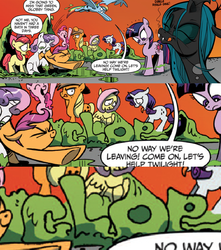 Size: 1040x1179 | Tagged: safe, idw, official comic, apple bloom, applejack, fluttershy, pinkie pie, queen chrysalis, rainbow dash, rarity, scootaloo, sweetie belle, twilight sparkle, friendship is magic #4, g4, my little pony: friendship is magic (idw), spoiler:comic, cannot unsee, clop, cropped, exploitable meme, out of context, stretching