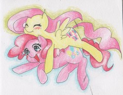 Size: 1622x1250 | Tagged: safe, artist:nabirar, fluttershy, pinkie pie, g4, female, lesbian, ship:flutterpie, shipping, traditional art