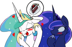 Size: 1045x689 | Tagged: safe, artist:zev, princess celestia, princess luna, pony, g4, blushing, cake, cakelestia, drool, eyes closed, female, heart, mare, open mouth, simple background, white background